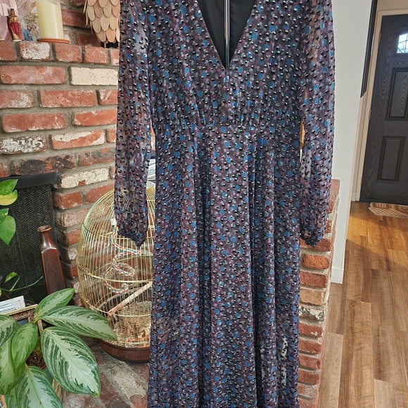 Maje Ravena Printed Midi Dress Long Sleeve V-Neck Parisian Luxe Soft Academia - Picture 2 of 6